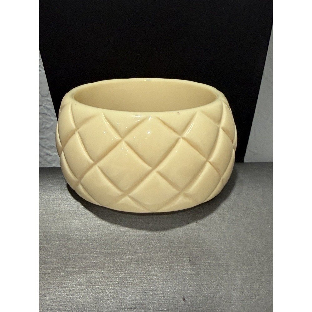 Vintage Cream Chunky Wide Bangle Bracelet Carved Geometric Design 8"